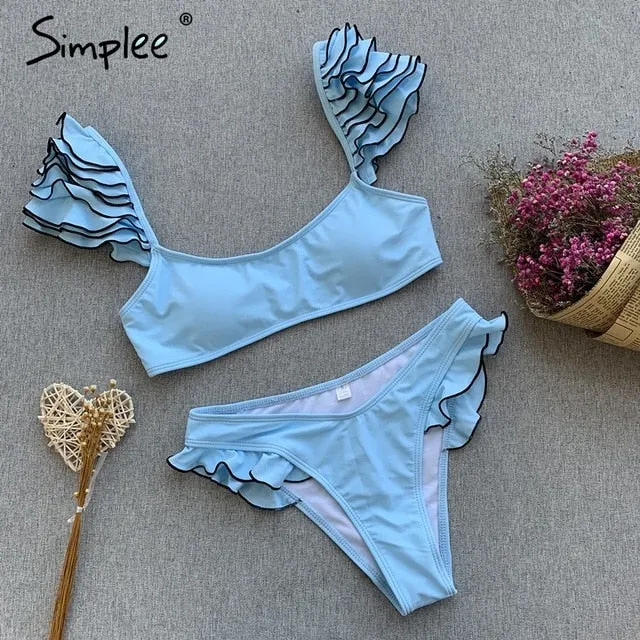 Simplee Sexy red push up one-pieces bikini Summer style ruffle sleeve beach wear playsuit Female casual banthing suit swimsuit