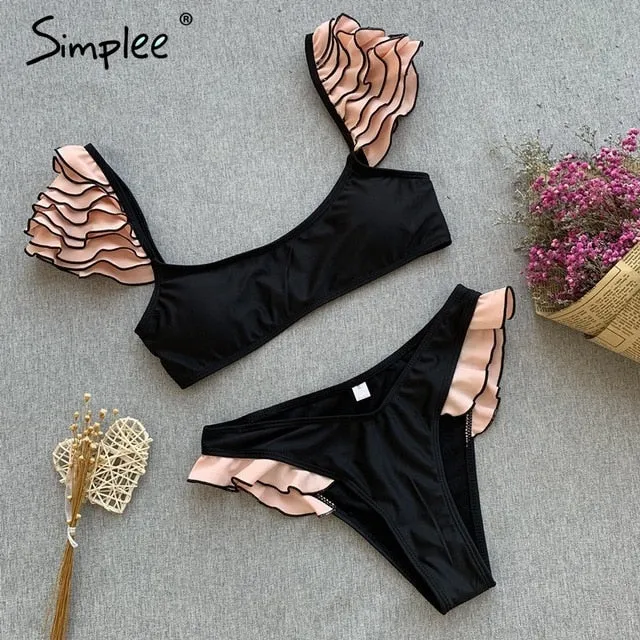 Simplee Sexy red push up one-pieces bikini Summer style ruffle sleeve beach wear playsuit Female casual banthing suit swimsuit