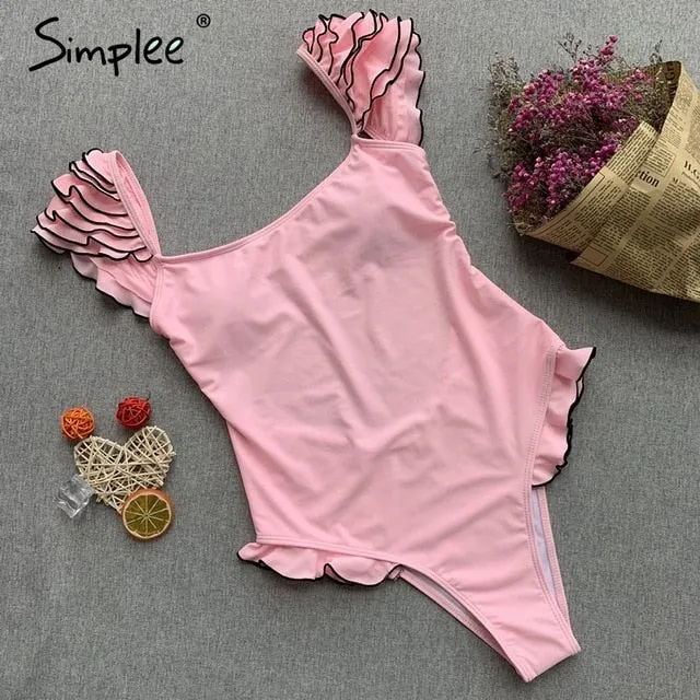 Simplee Sexy red push up one-pieces bikini Summer style ruffle sleeve beach wear playsuit Female casual banthing suit swimsuit