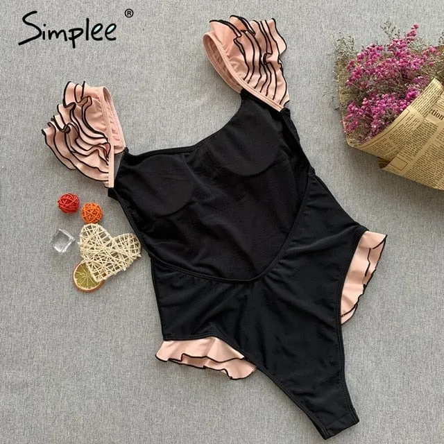 Simplee Sexy red push up one-pieces bikini Summer style ruffle sleeve beach wear playsuit Female casual banthing suit swimsuit