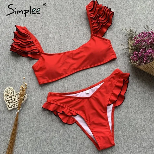 Simplee Sexy red push up one-pieces bikini Summer style ruffle sleeve beach wear playsuit Female casual banthing suit swimsuit