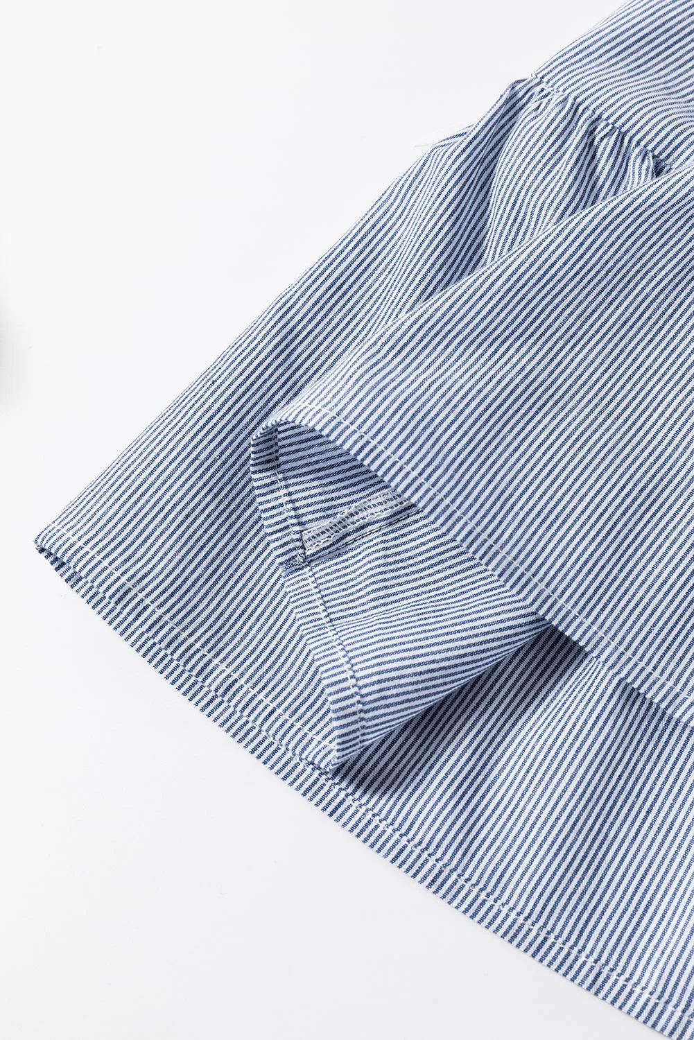 Sky Blue Stripe Bubble Sleeve Square Neck Ruched Pocketed Babydoll Dress