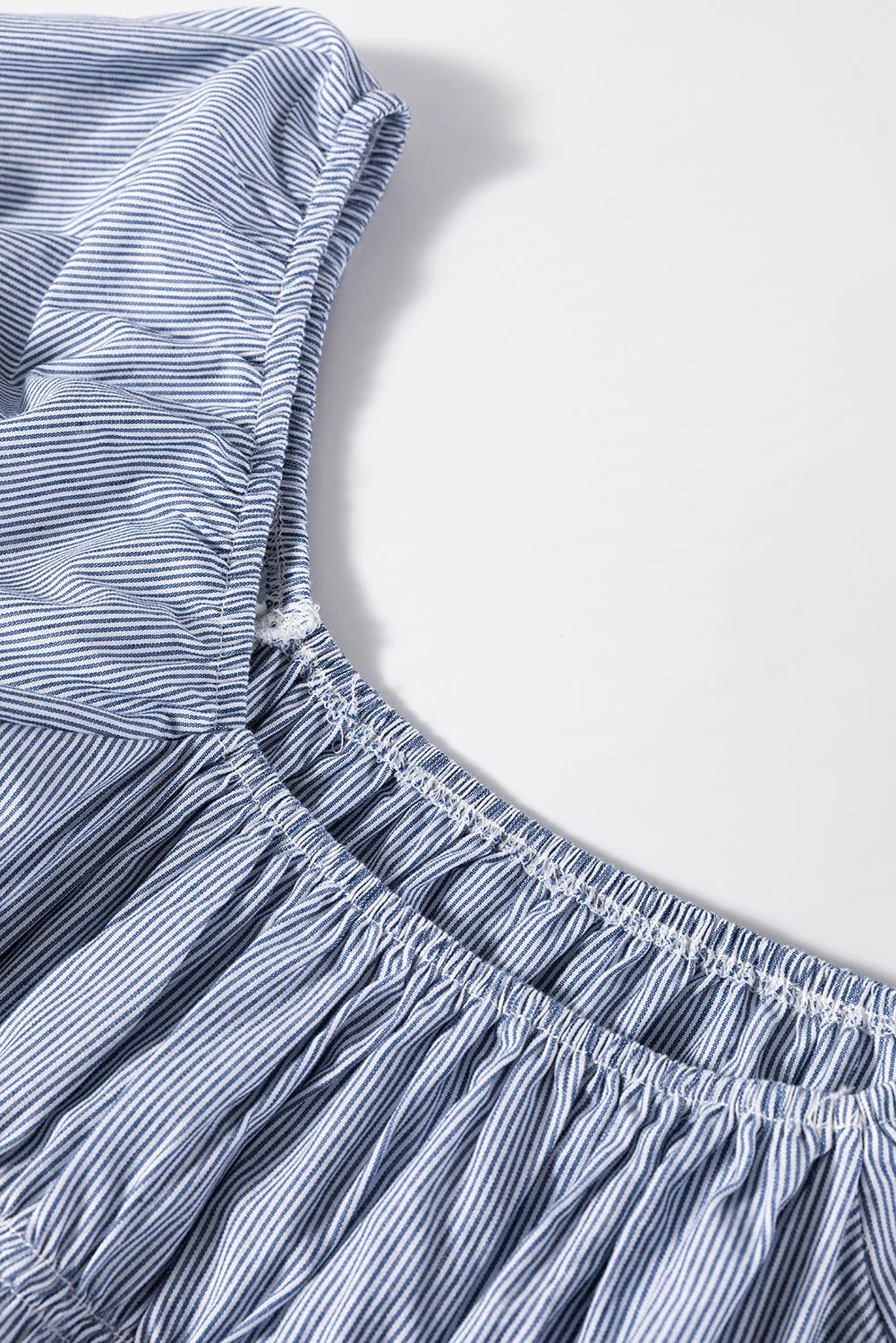 Sky Blue Stripe Bubble Sleeve Square Neck Ruched Pocketed Babydoll Dress