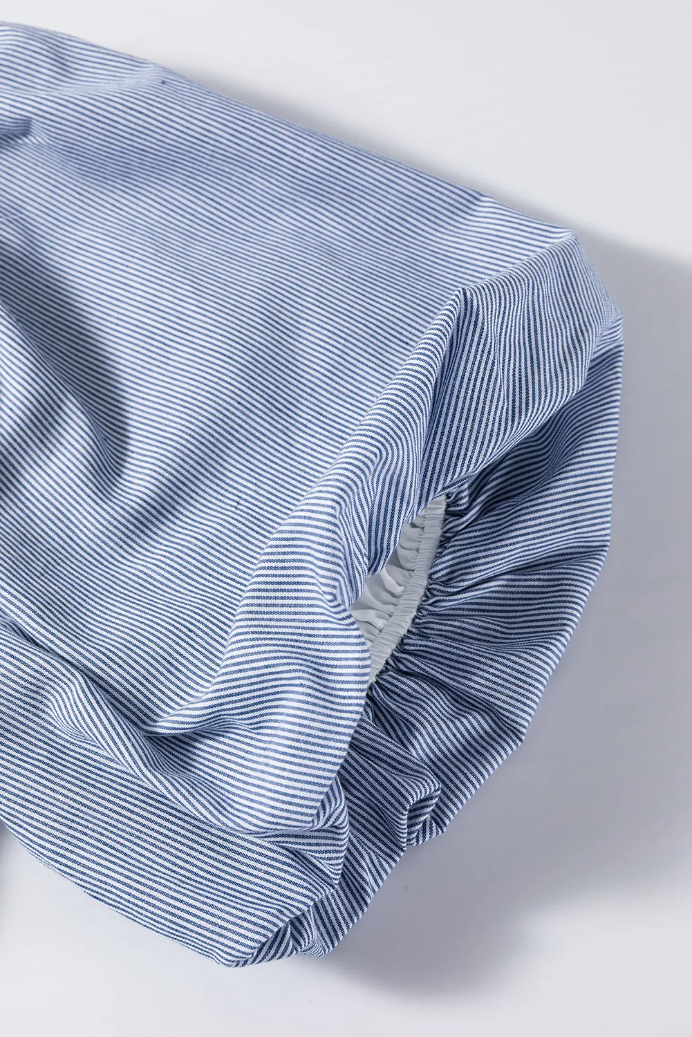 Sky Blue Stripe Bubble Sleeve Square Neck Ruched Pocketed Babydoll Dress