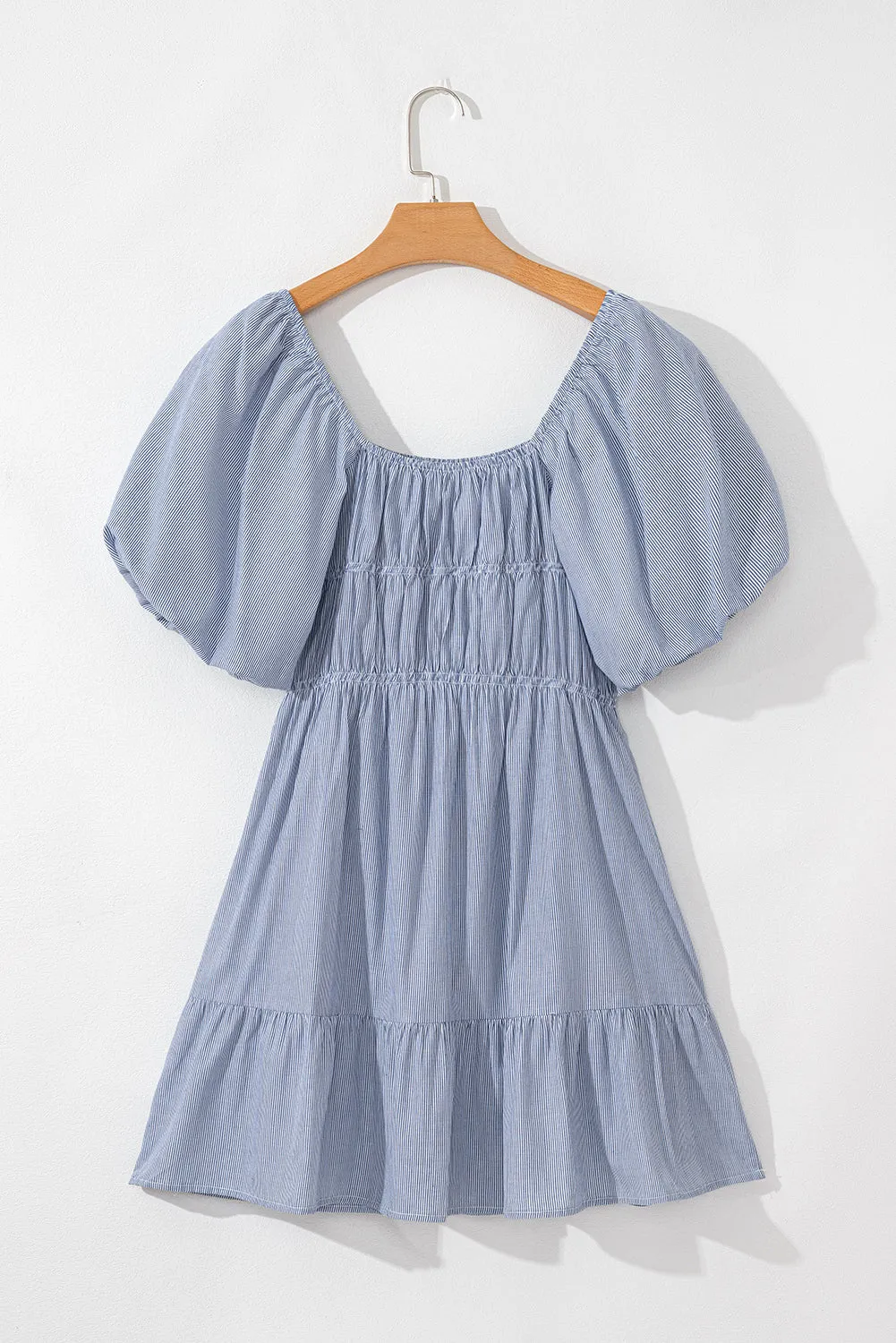 Sky Blue Stripe Bubble Sleeve Square Neck Ruched Pocketed Babydoll Dress