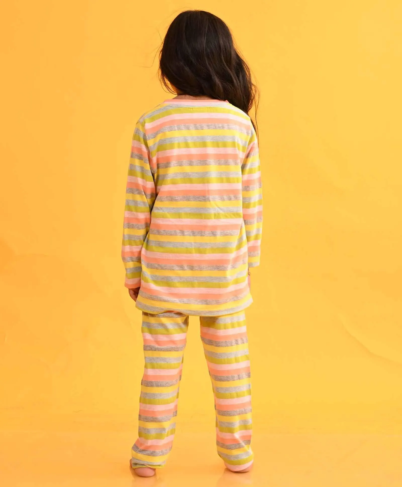 SKY YELLOW LIME PINK STRIPED LONG SLEEVES GIRLS PYJAMA SET