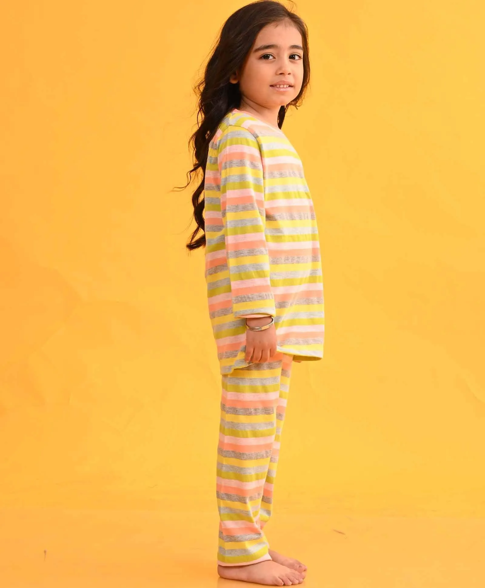 SKY YELLOW LIME PINK STRIPED LONG SLEEVES GIRLS PYJAMA SET