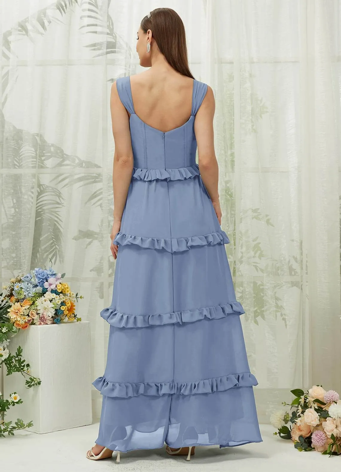 Slate Blue Chiffon Sweetheart Straps Tiered Maxi Bridesmaid Dresses