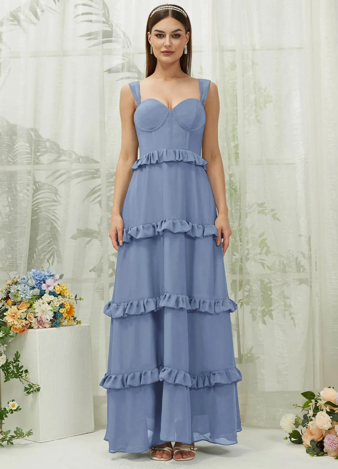 Slate Blue Chiffon Sweetheart Straps Tiered Maxi Bridesmaid Dresses