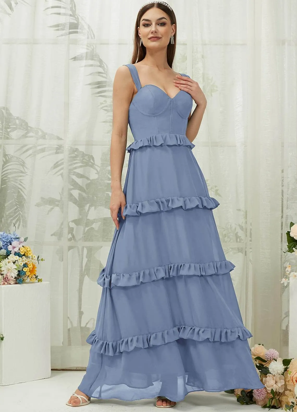 Slate Blue Chiffon Sweetheart Straps Tiered Maxi Bridesmaid Dresses