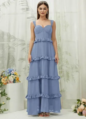 Slate Blue Chiffon Sweetheart Straps Tiered Maxi Bridesmaid Dresses