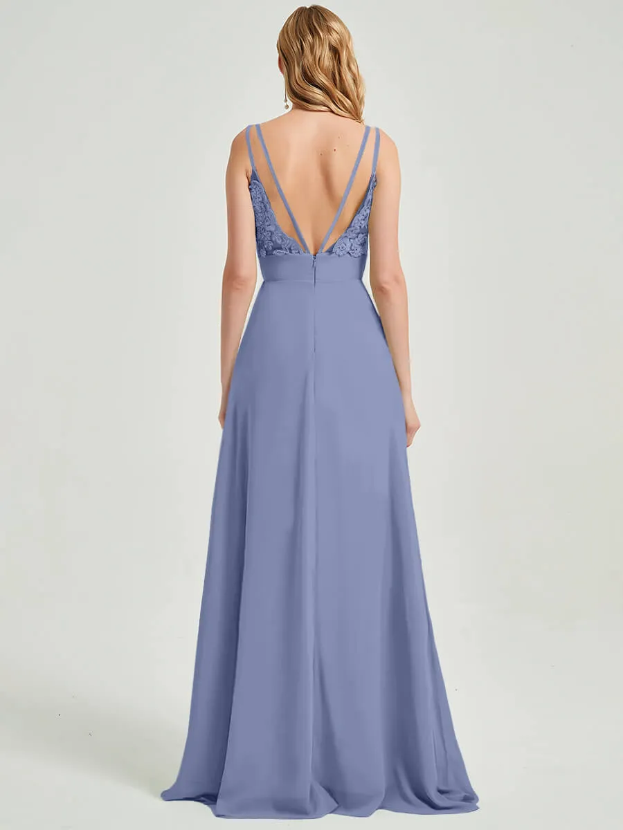 Slate Blue Spaghetti Strap V-Neck Slit Lace Chiffon Bridesmaid Dress