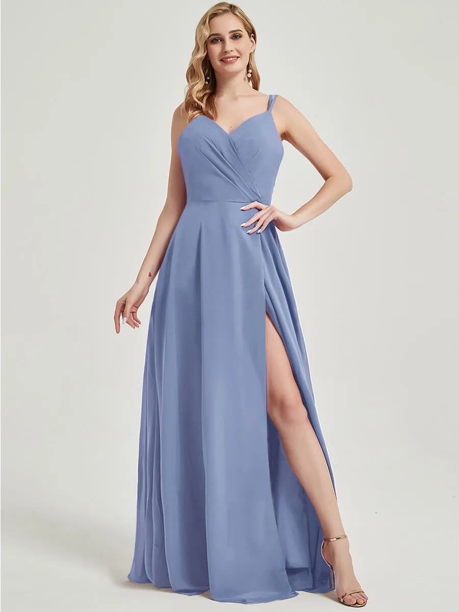 Slate Blue Spaghetti Strap V-Neck Slit Lace Chiffon Bridesmaid Dress
