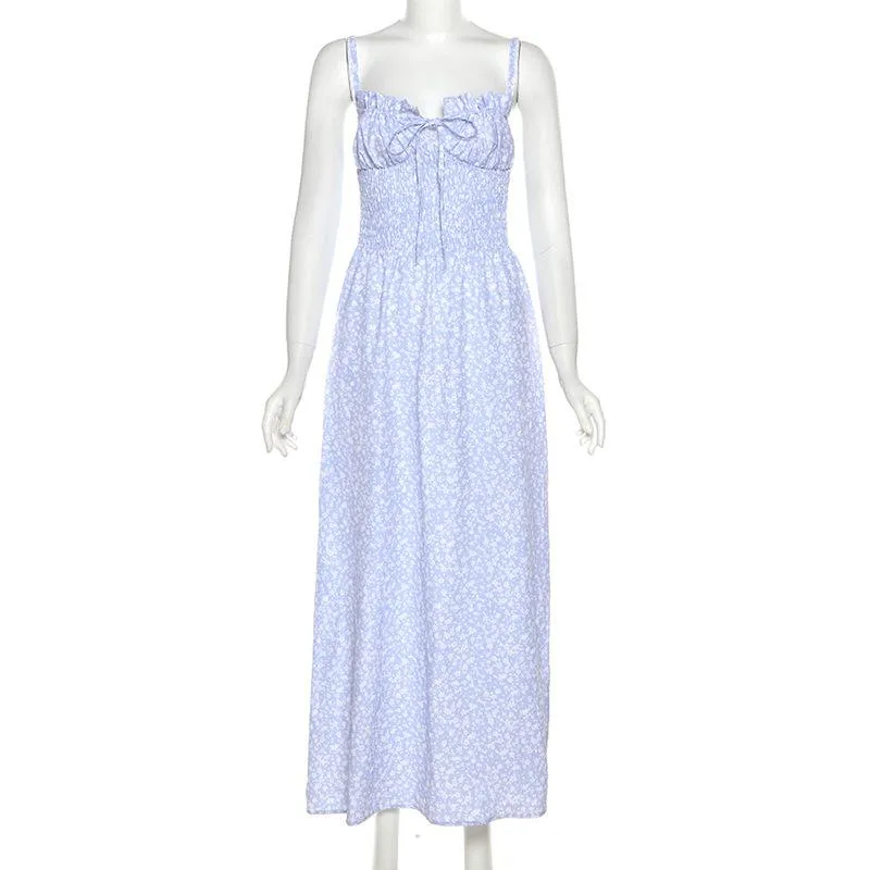 Smocked drawstring flower print backless cami maxi dress