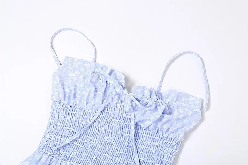 Smocked drawstring flower print backless cami maxi dress