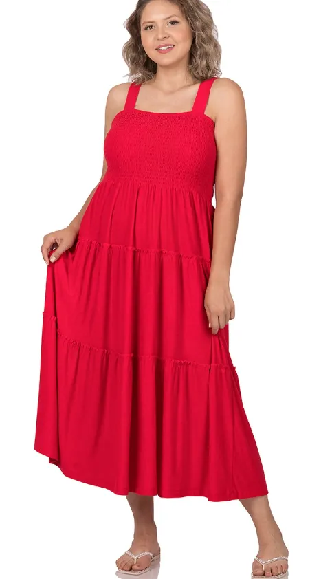 Smocked Tiered Midi Dress Ruby Red
