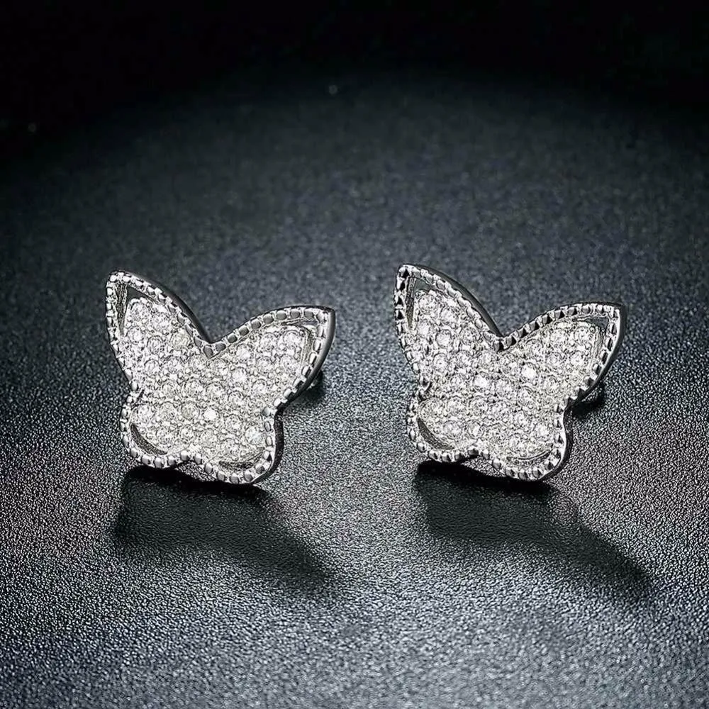 Solid 925 Sterling Silver Stud Earring Butterfly Design Cubic Zirconia Party Jewelry Earrings For Women
