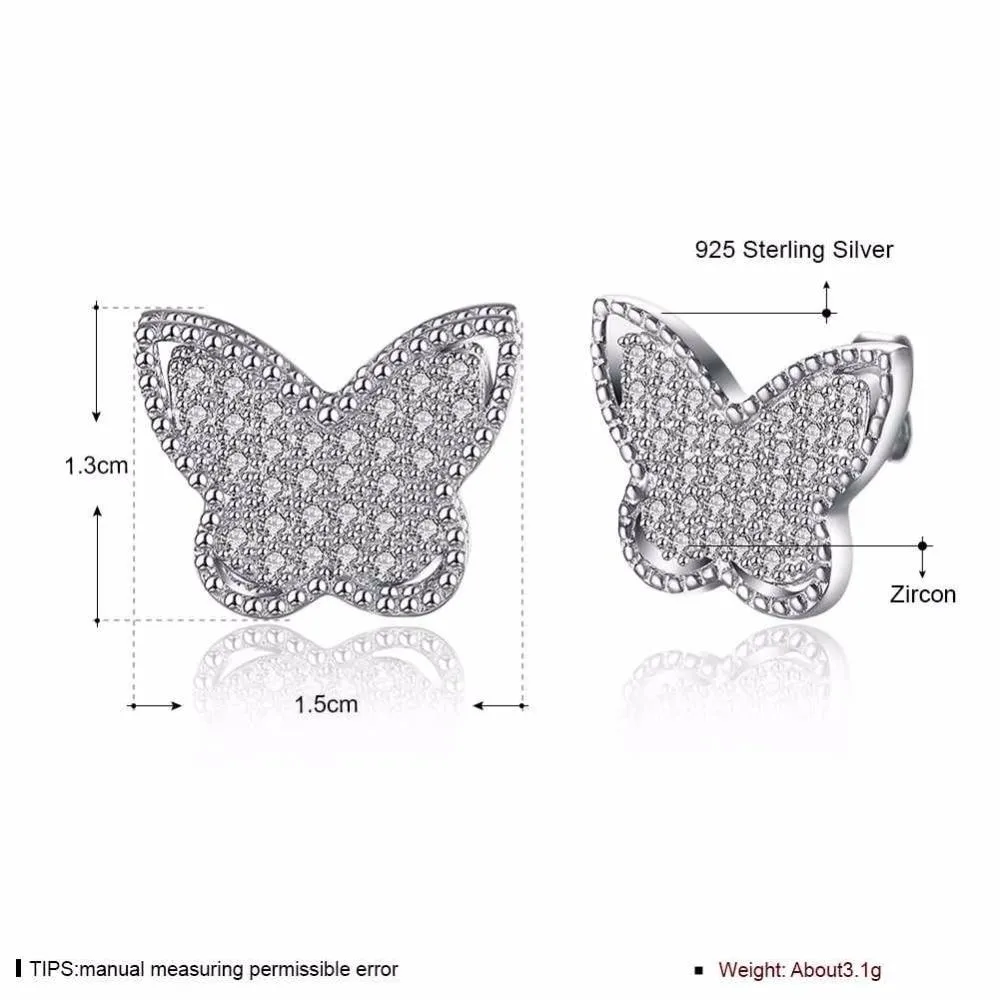 Solid 925 Sterling Silver Stud Earring Butterfly Design Cubic Zirconia Party Jewelry Earrings For Women