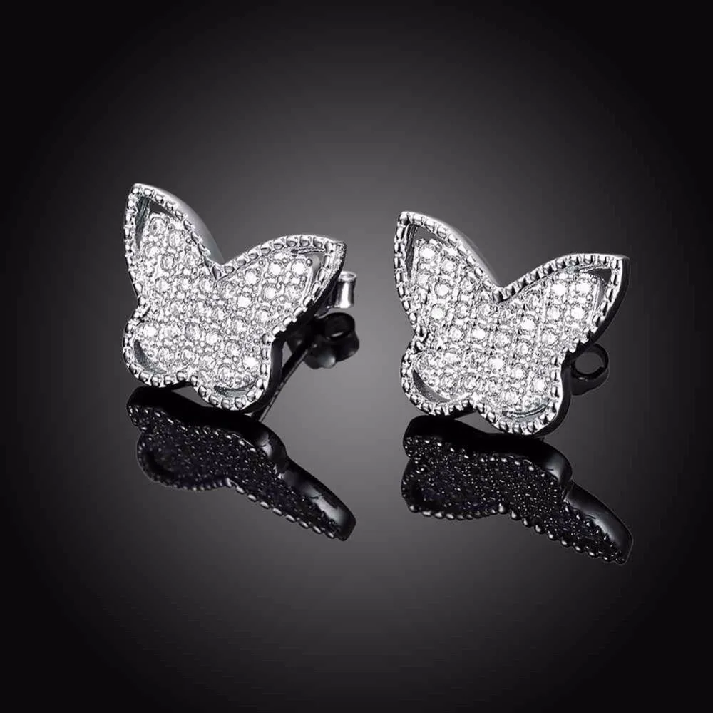 Solid 925 Sterling Silver Stud Earring Butterfly Design Cubic Zirconia Party Jewelry Earrings For Women