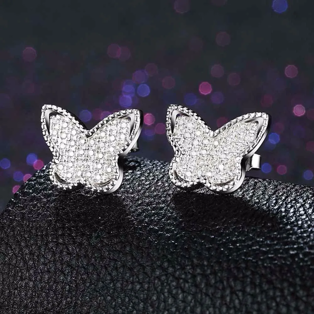 Solid 925 Sterling Silver Stud Earring Butterfly Design Cubic Zirconia Party Jewelry Earrings For Women