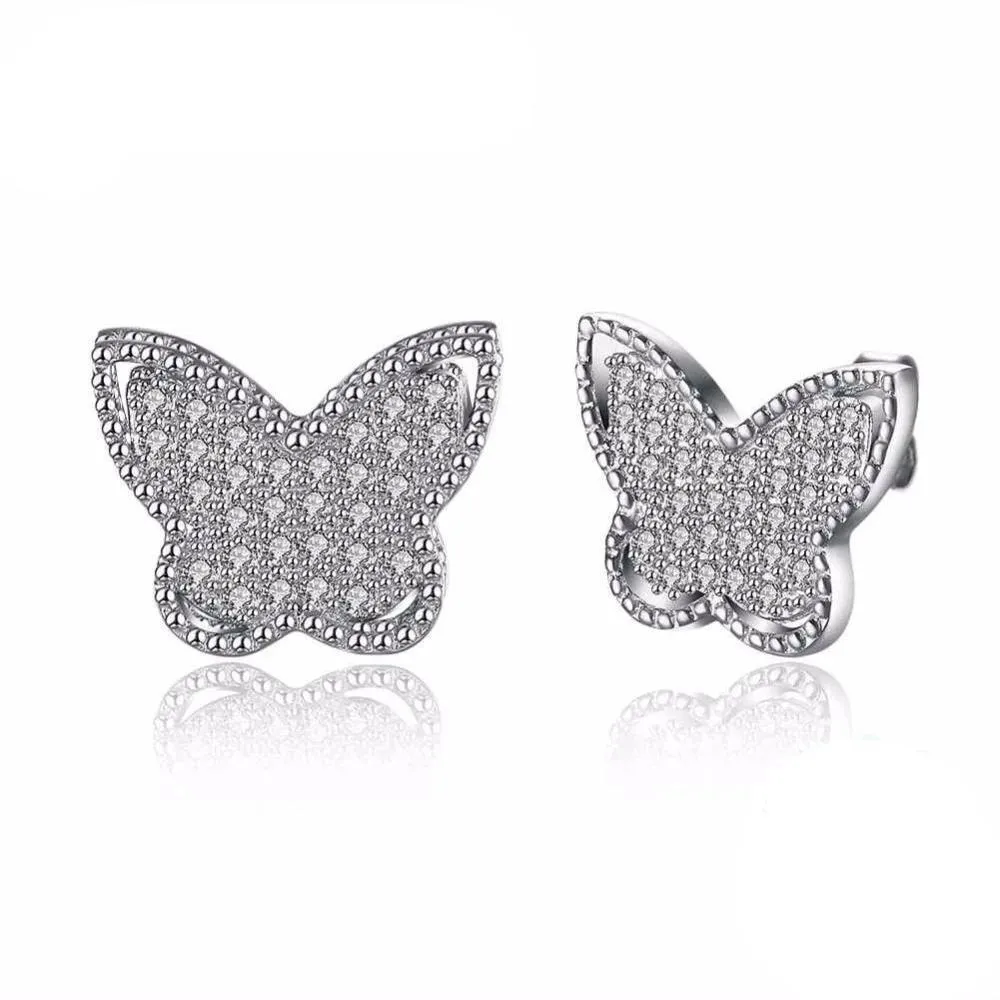 Solid 925 Sterling Silver Stud Earring Butterfly Design Cubic Zirconia Party Jewelry Earrings For Women