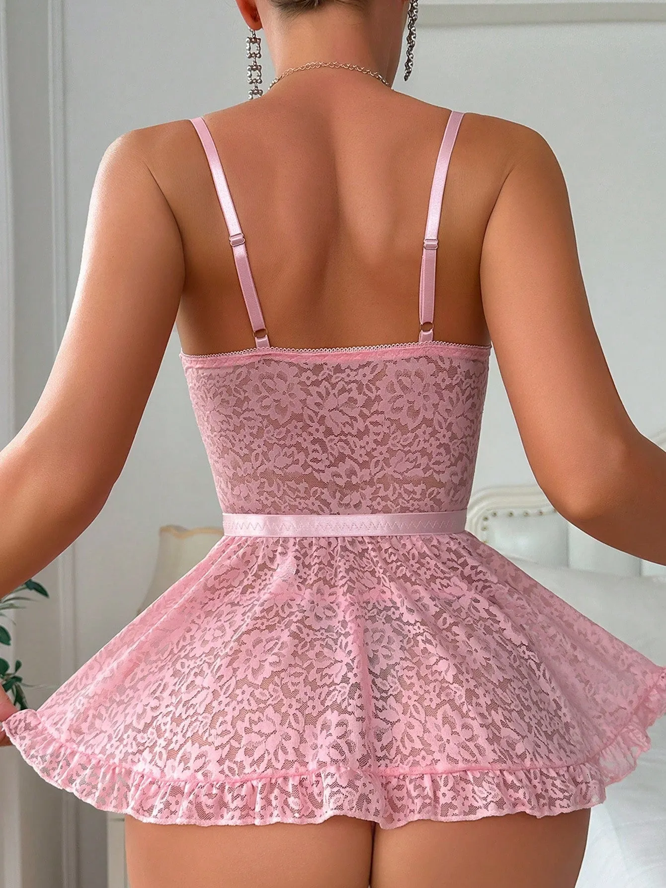 Solid Color Lace Bow Decorated Strap Sexy Lingerie Set