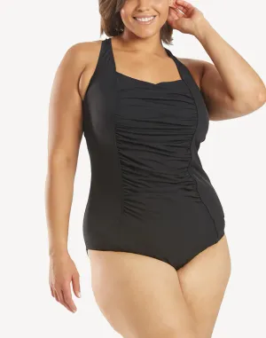 Solid Shirred Plus Size Polyester One Piece