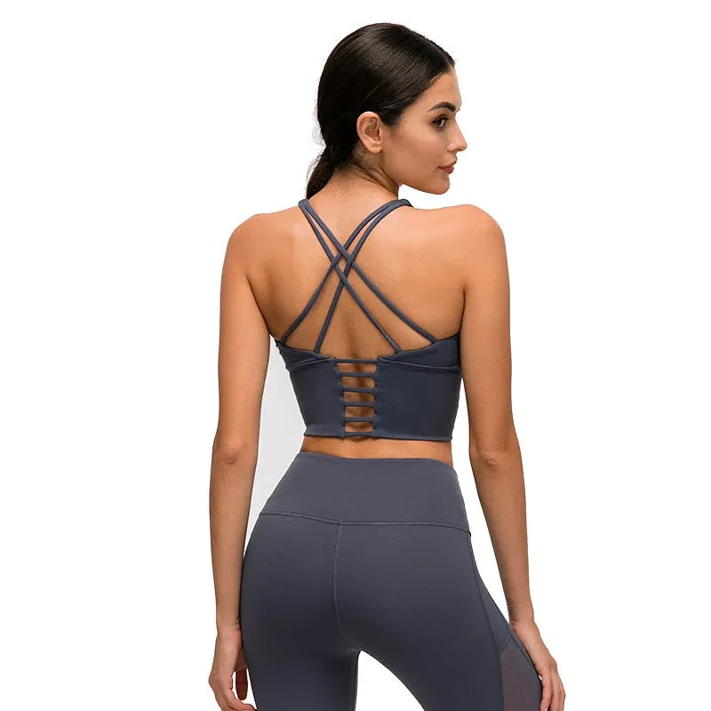 Solid Spaghetti Straps Cross Back Yoga Gym Crop Top