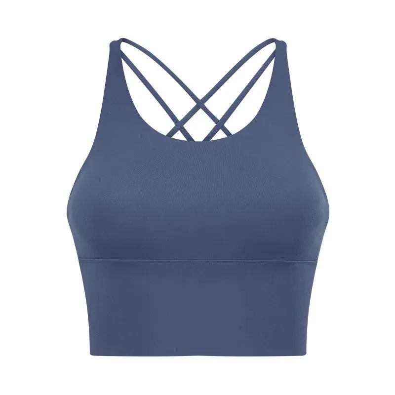 Solid Spaghetti Straps Cross Back Yoga Gym Crop Top
