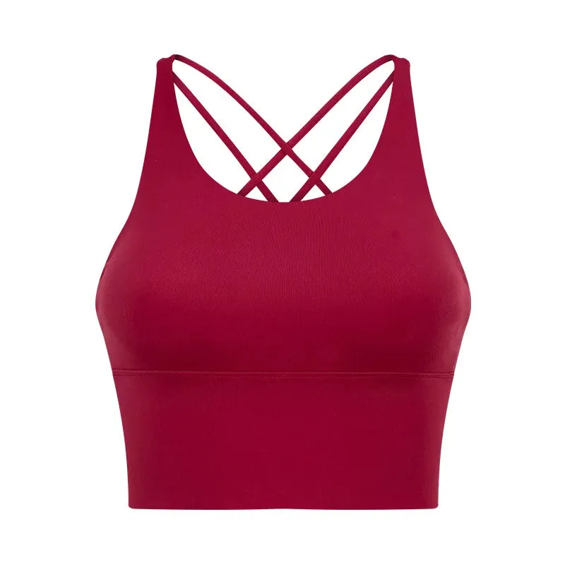 Solid Spaghetti Straps Cross Back Yoga Gym Crop Top