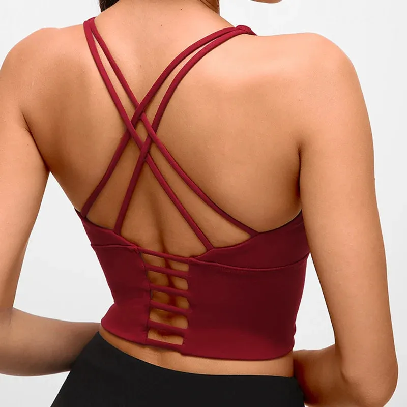 Solid Spaghetti Straps Cross Back Yoga Gym Crop Top