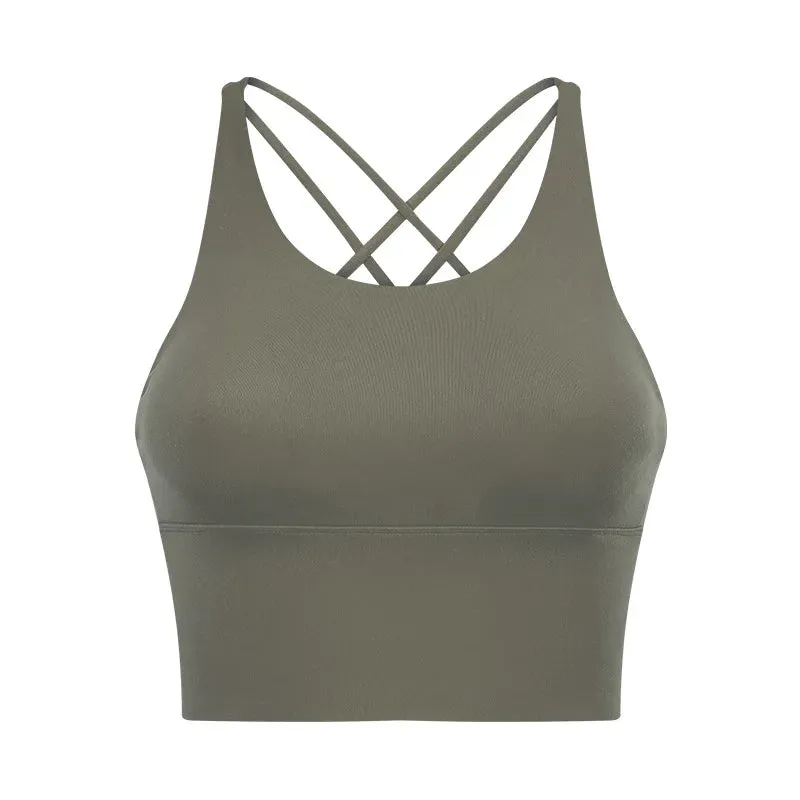 Solid Spaghetti Straps Cross Back Yoga Gym Crop Top