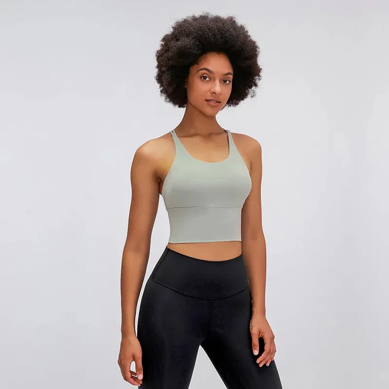 Solid Spaghetti Straps Cross Back Yoga Gym Crop Top
