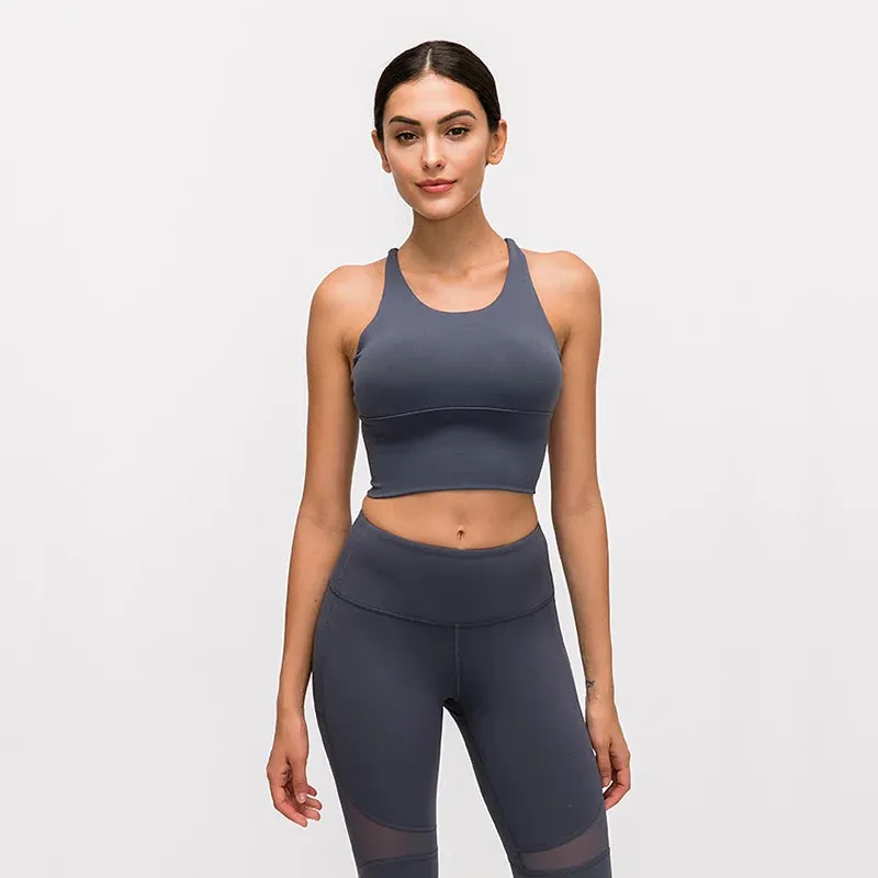 Solid Spaghetti Straps Cross Back Yoga Gym Crop Top