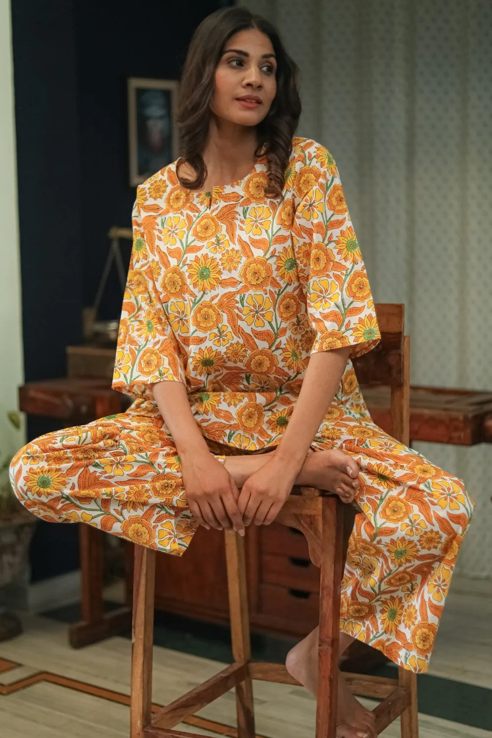 Sootisyahi 'Floral Escape' Handblock Printed Pure Cotton Night Suit