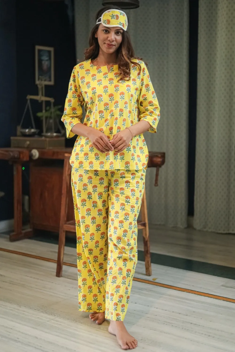 Sootisyahi 'Marigold Bliss' Handblock Printed Pure Cotton Night Suit