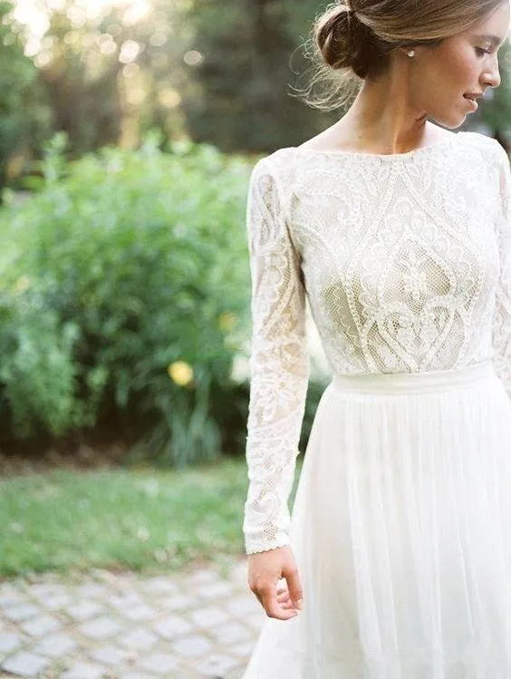 Sophisticated Bohemian Lace Long Sleeve White Chiffon A Line Wedding Gown