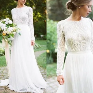 Sophisticated Bohemian Lace Long Sleeve White Chiffon A Line Wedding Gown