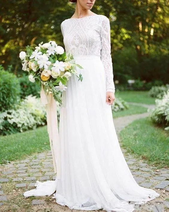 Sophisticated Bohemian Lace Long Sleeve White Chiffon A Line Wedding Gown