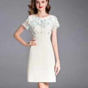 Sophisticated Floral Embroidery Short Sleeve Bodycon Dress