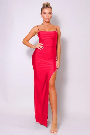 Spaghetti Strap Pleated Bust Front Slit Maxi Dress Spaghetti Strap Pleated Bust Front Slit Maxi Dress