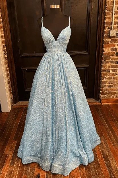 Sparkly Long Hot Pink Glitter Prom Dress A-Line V Neck Straps Formal Dresses