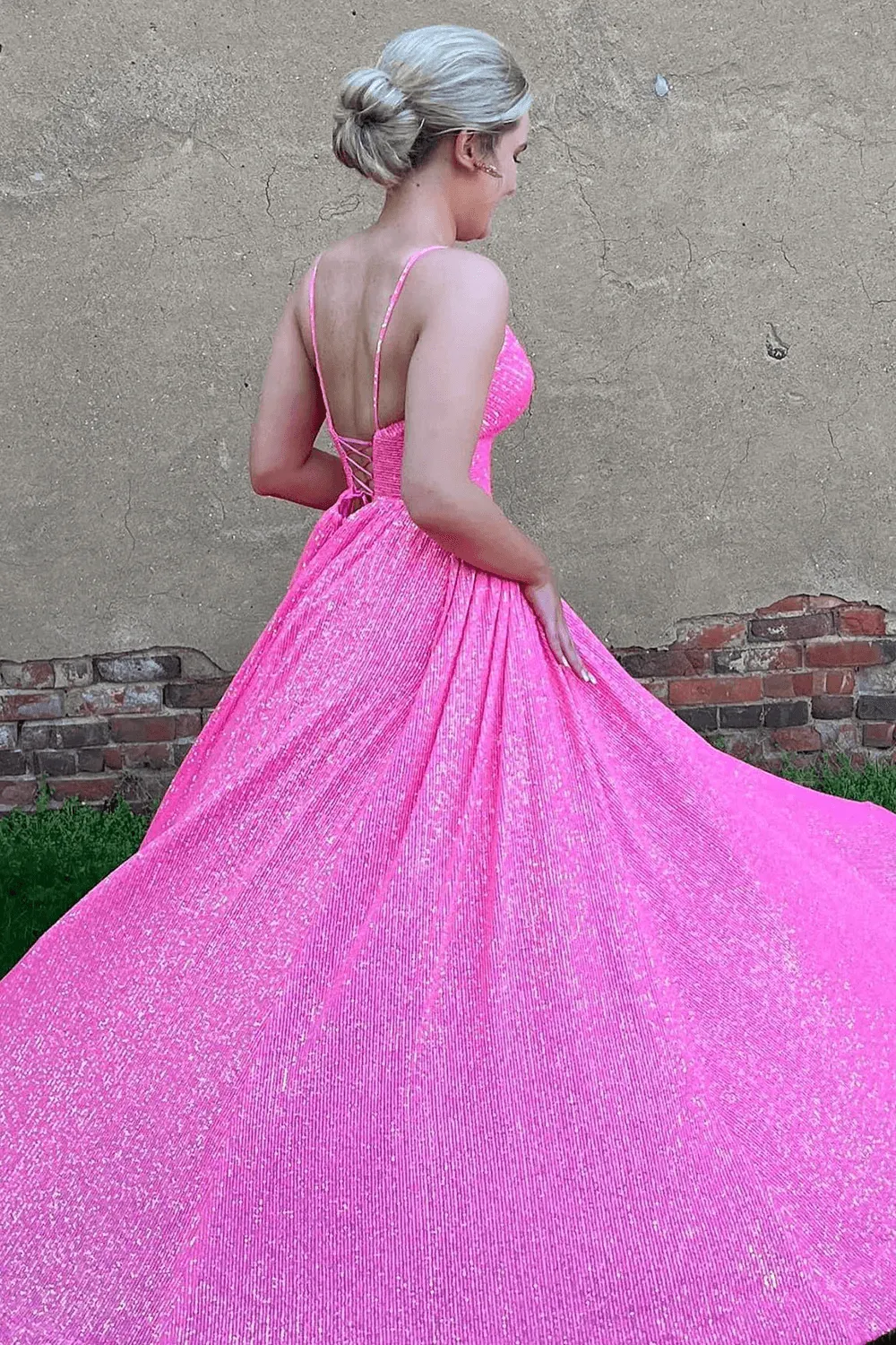 Sparkly Long Hot Pink Glitter Prom Dress A-Line V Neck Straps Formal Dresses