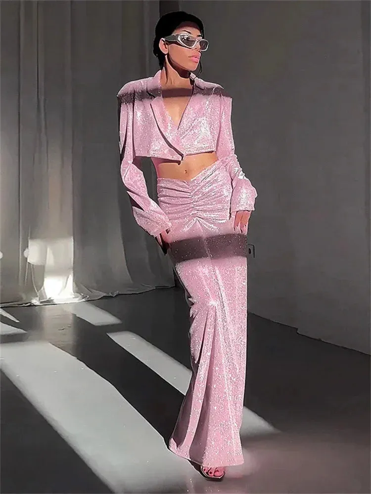 Sparkly Long Sleeve Maxi Dress with Crop Hem