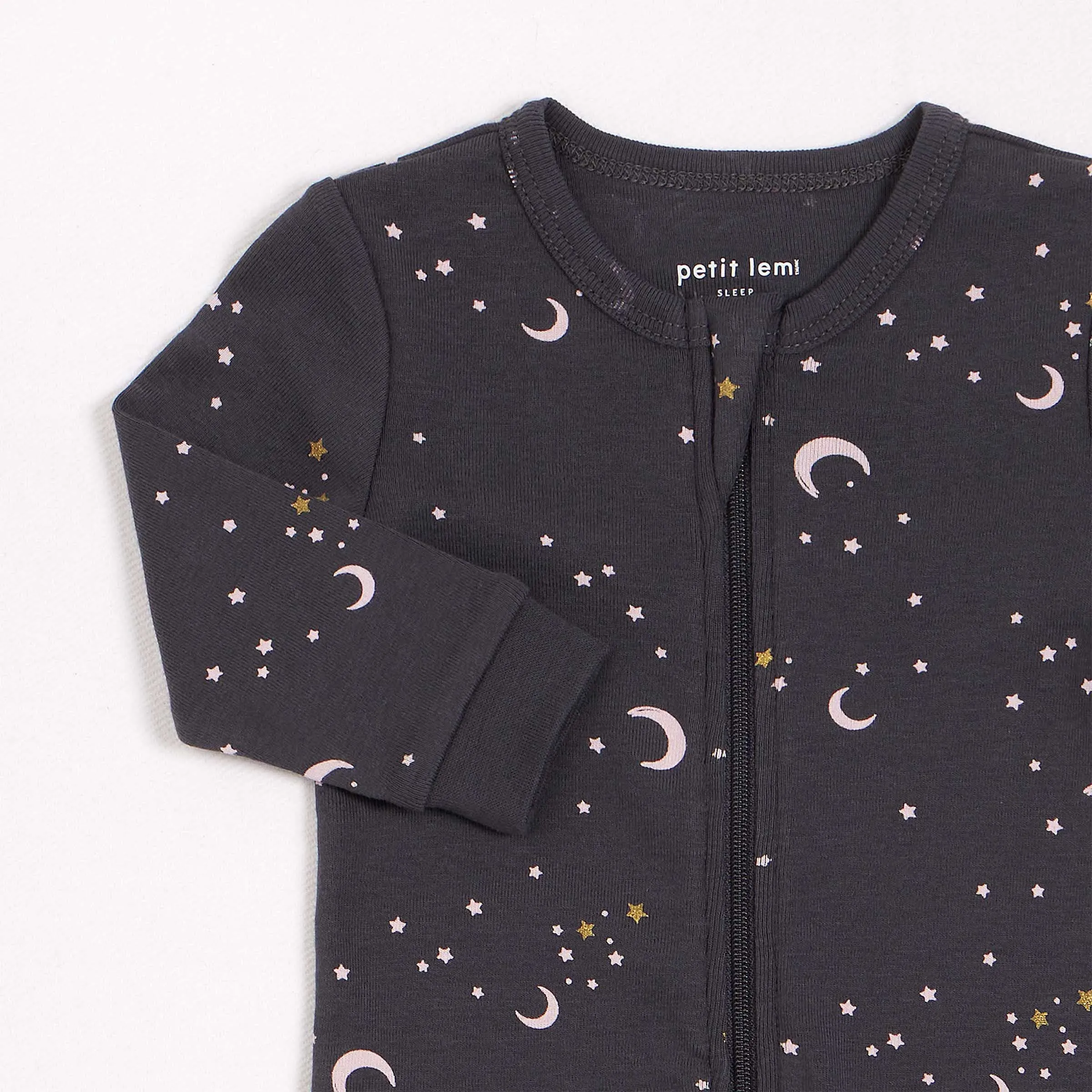 Sparkly Sky with Pink Moons Print on Charcoal Footed Sleeper