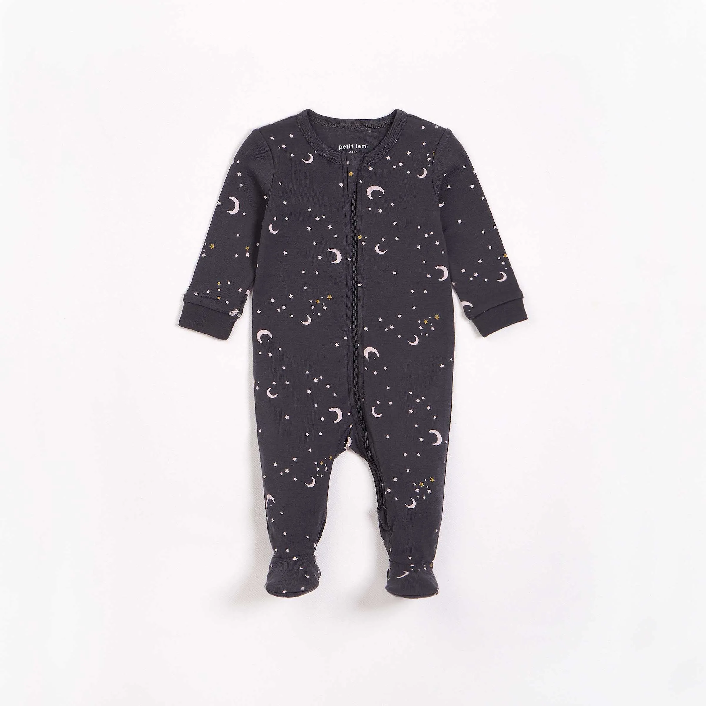 Sparkly Sky with Pink Moons Print on Charcoal Footed Sleeper