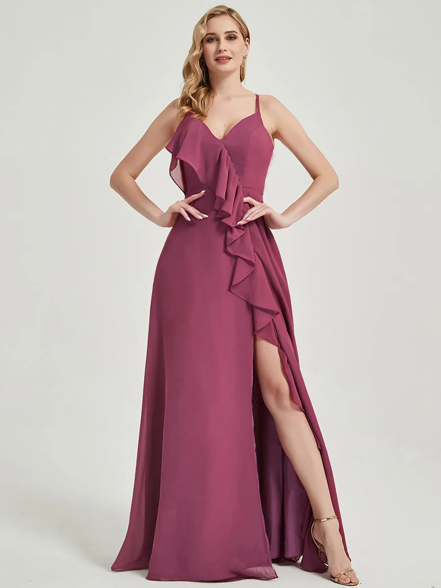 [Special Color] Mulberry Criss-Cross Ruffles Chiffon Bridesmaid Dress