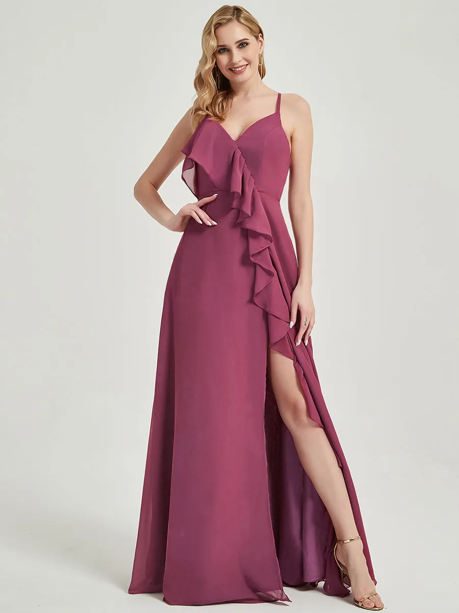[Special Color] Mulberry Criss-Cross Ruffles Chiffon Bridesmaid Dress