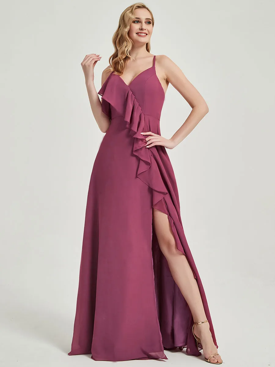 [Special Color] Mulberry Criss-Cross Ruffles Chiffon Bridesmaid Dress
