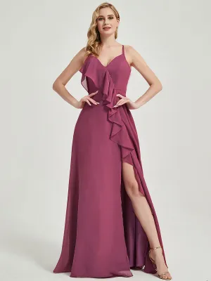[Special Color] Mulberry Criss-Cross Ruffles Chiffon Bridesmaid Dress